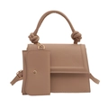 Minimalist beige crossbody messenger bag with knotted handle and matching mini pouch - Khaki