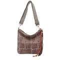 Red-brown geometric striped tote bag with wide textured strap and decorative tassels - Orange