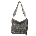 Bohemian black and white geometric canvas shoulder bag with adjustable strap and tassel - Black
