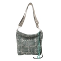 Large tote bag with green and white abstract stripes and wide patterned shoulder strap - Green