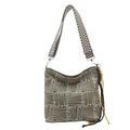 Green and white striped canvas tote bag with colorful braided rope and woven shoulder strap - Yellow