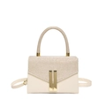Beige contrast handbag with glitter panel, round handle and gold buckles for women - Gold