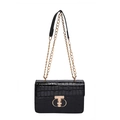 Black crocodile embossed square bag with dual-tone chain strap and gold twist lock - Black