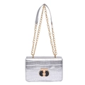 Silver crocodile pattern shoulder bag with gold chain strap and metal lock closure - Silver