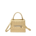 Golden quilted crossbody square bag with top handle and metallic hardware details - Gold