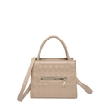 Beige quilted crossbody bag with top handle and gold zipper hardware for women - Khaki