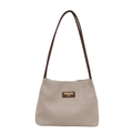 Minimalistische beige gewebte Umhängetasche mit dunkelbraunen Trägern und Markenaufnäher - Einzelne Tasche / Braun