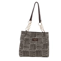 Bolso tote vintage de cuadros con correas de cuero y detalles de cadena dorada en blanco - Marrón