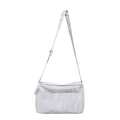 Minimalist light grey crossbody bag with pleated nylon texture and adjustable strap on white - Silver