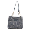 Bolso tote de lona azul con rayas grises y correas de cadena dorada para el hombro - Azul