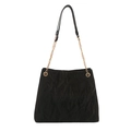 Minimalist black tote bag with pleated texture and gold chain shoulder strap on white background - Black
