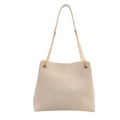 Beige shoulder tote bag with marble texture, gold chain strap and FASHION embossing - White