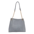 Chic grey shoulder bag with pleated texture and gold chain strap in a classic trapezoid shape - Blue