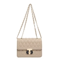 Beige quilted crossbody bag with gold T-lock and chain strap for stylish women - Khaki
