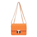 Fashionable orange quilted shoulder bag with golden lock and chain strap on white background - Orange