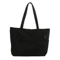 Large capacity black canvas tote bag with front pleated pocket and shoulder straps - Black