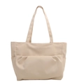 Minimalist off-white large capacity canvas tote bag for women with pleated front pocket design - White