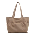 Large capacity khaki canvas tote bag with front zip pocket for casual daily school use - Khaki