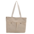Borsa tote minimalista in tela beige con tasche anteriori e bottoni a pressione argentati - Bianco