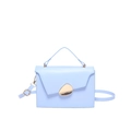 Minimalist light blue faux leather handbag with geometric flap and gold pebble buckle - Blue