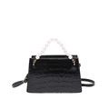 Sac à main chic noir motif crocodile avec anse en perles et finitions dorées élégantes - Noir