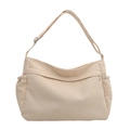 Grande borsa tote minimalista in tela beige con tracolla regolabile e coulisse laterali - Bianco