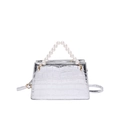Mini sac carré argenté avec texture crocodile et poignée en perles blanches - Argenté