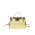 Sac de soirée doré brillant avec motif crocodile et poignée en perles élégante pour femme - Doré