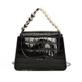 Mini black crocodile embossed flap crossbody bag with pearl and heart chain handle - Black