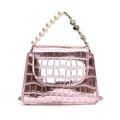 Pink faux crocodile leather crossbody bag with pearl and heart-shaped metal handle - Pink