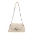 Chic cream white underarm bag with metal chain strap and round silver buckle closure - White