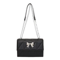 Quilted black chain crossbody bag with silver bow accent and leather shoulder pads - Black