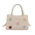 Sac à main en cuir PU blanc cassé avec patchs de cœurs colorés et texte FASHION argent - Blanc Cassé