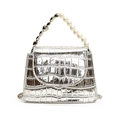 Sac bandoulière argenté texture crocodile avec poignée perles et cœurs pour femme - Argent