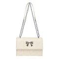 Chic beige quilted crossbody bag with silver bow buckle and elegant metal chain strap - White