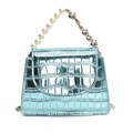 Light blue crocodile pattern crossbody bag with pearl and heart-shaped bead handle - Blue