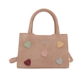 Pink matte PU bucket bag with colorful heart patches and adjustable shoulder strap - Pink