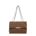 Brown corduroy shoulder bag with red strawberry print and golden chain strap - Brown