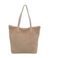 Beige geweven gebreide draagtas met leren hengsels voor zomerstrand en vakantiegebruik - Broken Wit