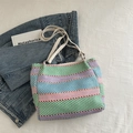 Rainbow striped woven tote bag with slim white handles for casual everyday style - Green
