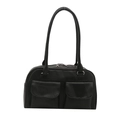 Minimalist black patchwork leather tote with dual front pockets and shoulder strap - Black