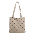 Beige corduroy tote bag featuring black argyle stitching and cute bow patterns - Off White