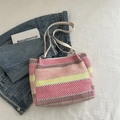 Colorful striped woven shoulder tote bag with pink and yellow bands and white leather strap - Pink