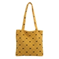 Yellow corduroy tote bag featuring black argyle pattern and delicate bow accents - Yellow