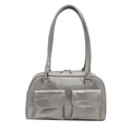 Silver underarm bag with patchwork design and double front flap pockets on white background - Silver
