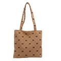 Brown corduroy quilted tote bag with black bow print and diamond stitching pattern - Brown
