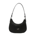 Minimalist black crescent shoulder bag with a polished silver metallic bow decoration - Black