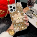 Luxury iPhone case with sparkling rhinestones, metal flowers, and pearls in champagne gold - Rhinestone Flower Gold / iPhone 15 Pro Max