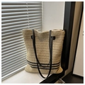 Macro detail of beige straw tote bag featuring black stripes and zipper closure - Bottom Double-Striped Style (Style 2)