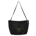 Elegante bolso tote plisado negro con cadena dorada y placa metálica frontal - Negro
